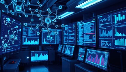 Fototapeta premium Lab tech uses AI to speed up drug development. Screens show digital molecule models, complex data visualizations. Tech, science combine for innovation in healthcare, biomedicine. Experimentation,