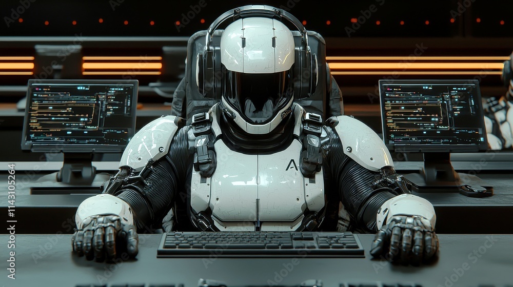 Poster futuristic humanoid robot in advanced control room wearing headphones, engaged with multiple screens