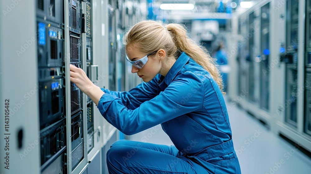 Poster female technician working on server racks in modern data center environment, focused on maintenance 