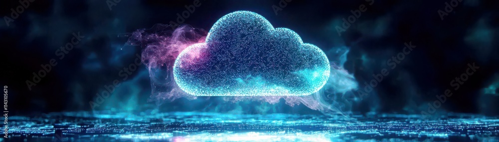Poster abstract glowing representation of digital cloud computing technology surrounded by colorful particl