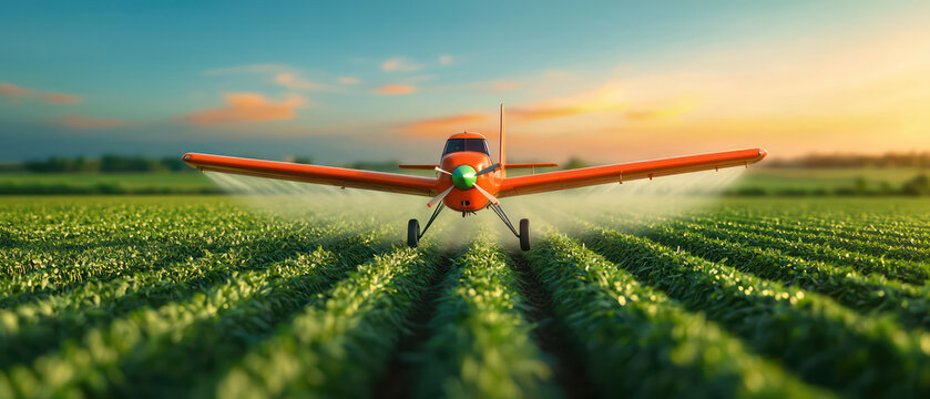 crop dusting airplane sprays pesticides over green fields at sunset, showcasing agricultural practices