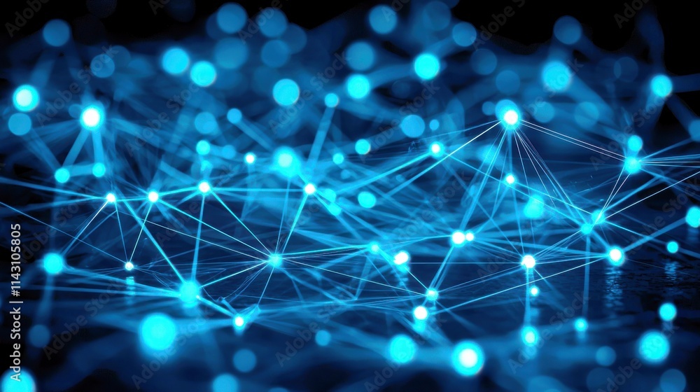 Poster abstract technology background featuring blue light nodes and lines connecting in a digital network 