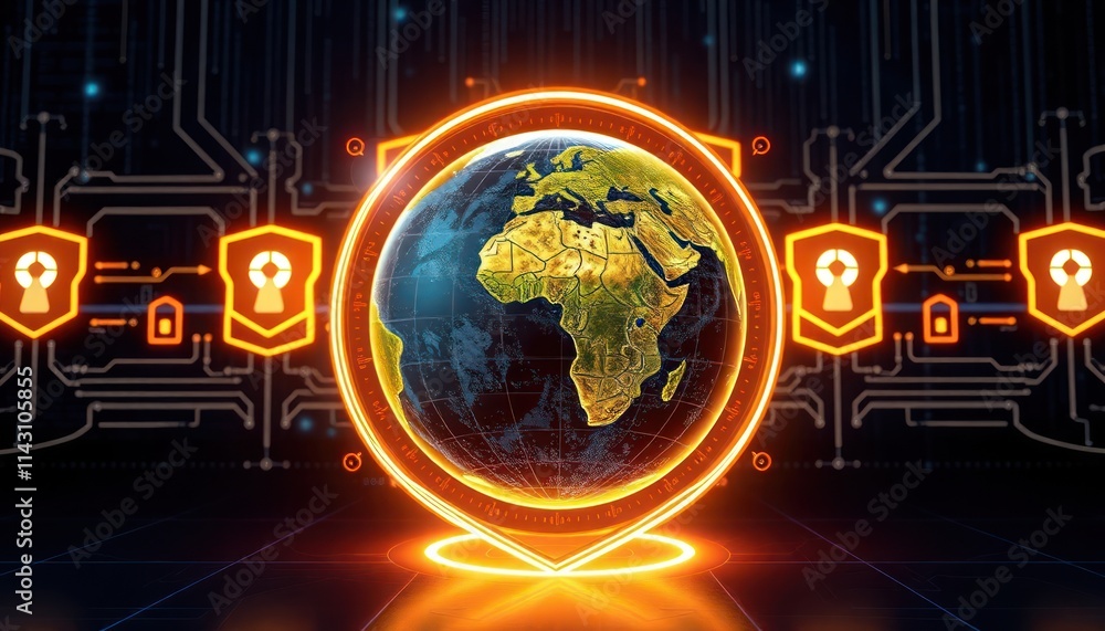 Poster global security concept. glowing globe surrounded by digital shields. cyber background. shows global