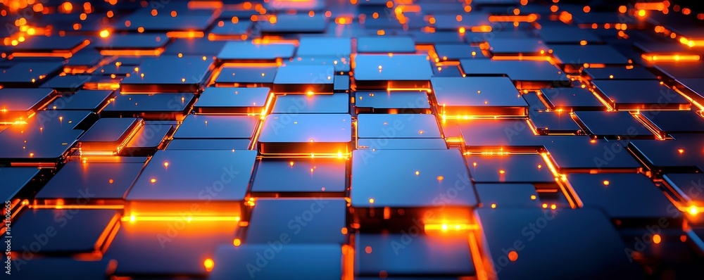 Poster abstract glowing squares with vibrant orange lights on a dark background creating a high-tech indust