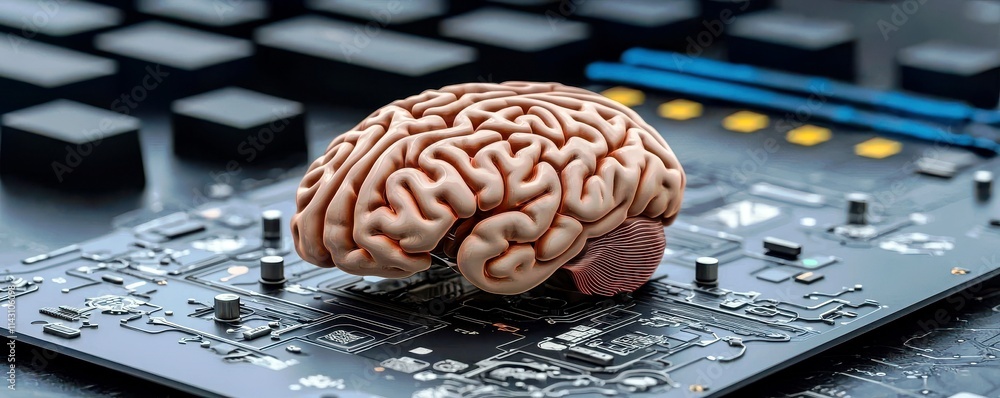 Poster human brain model on a computer circuit board representing artificial intelligence and technology in