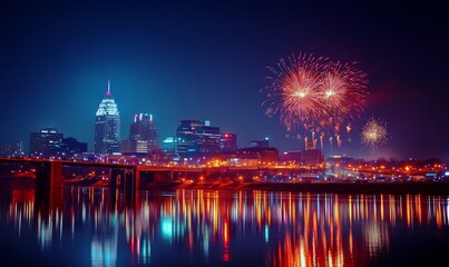 Fireworks are reflected in the skyline of a city in the US.