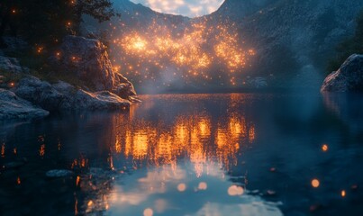 Fireworks reflect in a calm lake creating a stunning 4th of July picture.