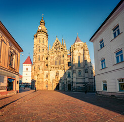 Sunny autumn cityscape of Kosice city in eastern Slovakia, Europe. Picturesque evening view of St. Elisabeth's Cathedral - the country's largest Gothic cathedral, built between 1378–1508.