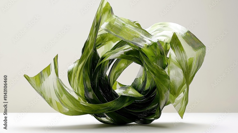 Poster abstract green sculpture made of twisted transparent material resembling flowing leaves, artistic di