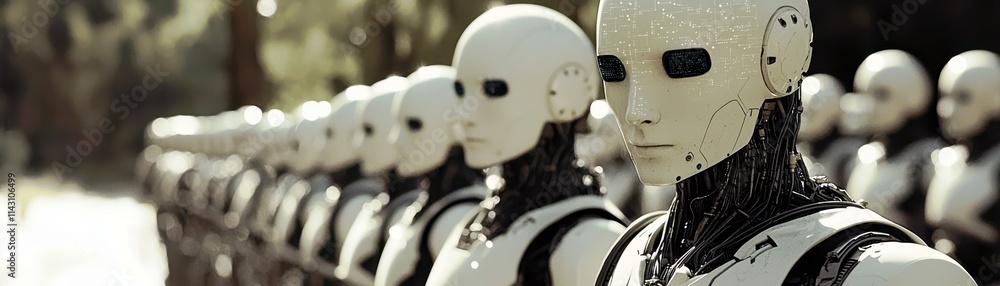Poster futuristic robotics lineup with human-like androids displaying advanced technology and ai concepts i
