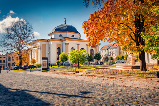 Bright autumn view of Evangelical a. v. church in Levoca. Splendid morning cityscape of principal town of Levoca District in the Preshov Region of eastern Slovakia. Traveling concept background.