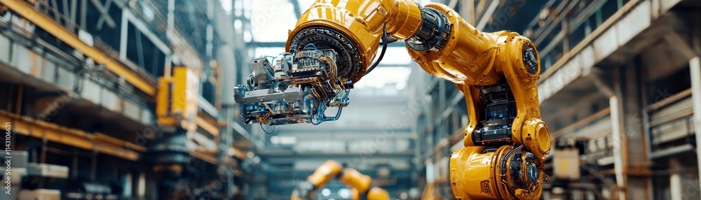Poster Advanced Industrial Robot Arm in a Modern Factory Setting with High-Tech Machinery and Sophisticated Automation Process