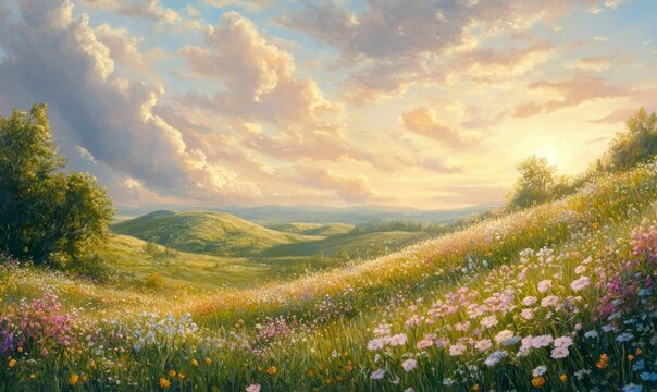 Sunset over rolling hills, vibrant wildflowers bloom.