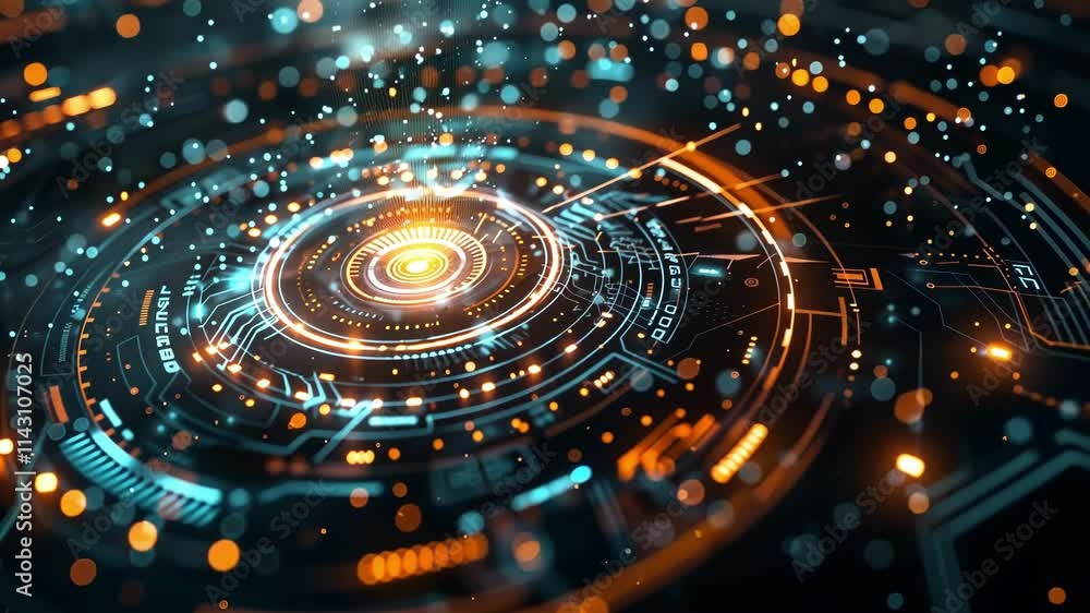 Poster orange and teal glowing futuristic head up display - hud - element rotating, showing data analysis w