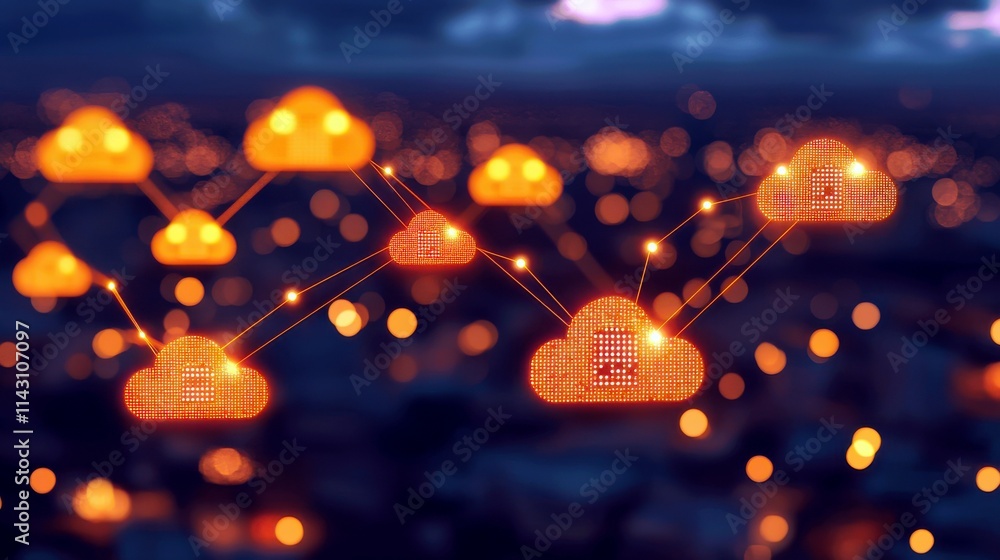 Poster abstract representation of cloud computing technology with glowing orange clouds connected by digita