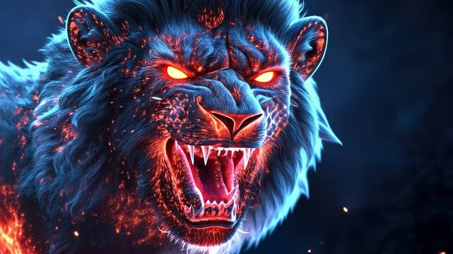 Fiery Lion Roar: A majestic lion's head bursts into fiery flames, its eyes blazing with primal power and its roar echoing through the darkness.