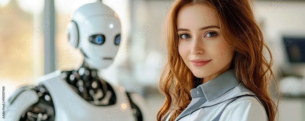 Poster friendly interaction between a human and a robot showcasing technology integration in modern healthc