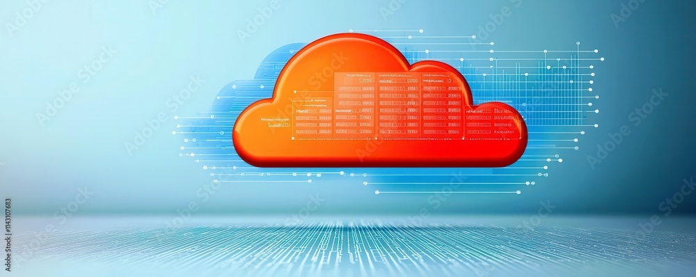 Poster modern cloud computing concept featuring red cloud icon with digital data and abstract network conne
