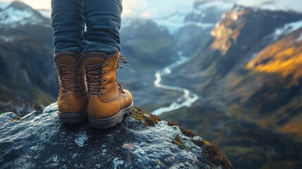 Foot balanced on edge of cliff, overlooking vast valley