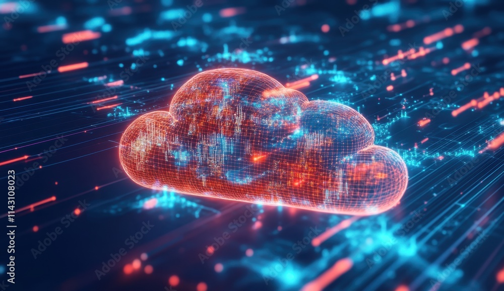 Poster cloud symbolizing data transfer, connected to multiple nodes representing various cities across the 