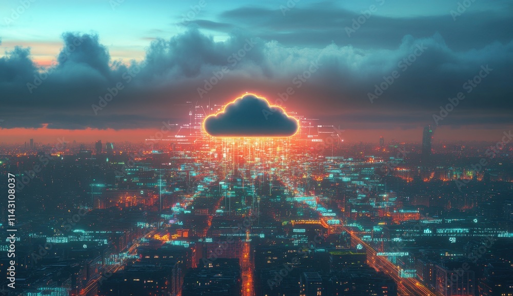 Poster a cloud in the center of an urban landscape, surrounded by interconnected data points and network co