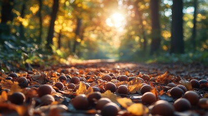 Obraz premium Forest glade with a scattering of acorns