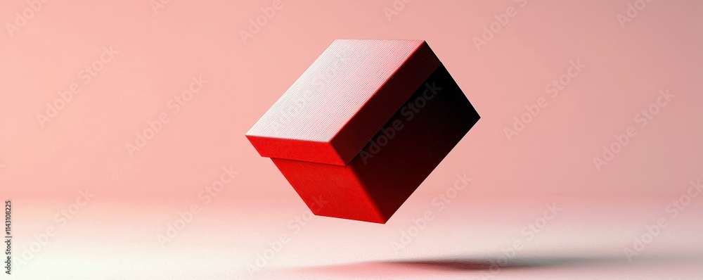 Poster floating red box with minimalist design on soft pink background, perfect for creative projects and a