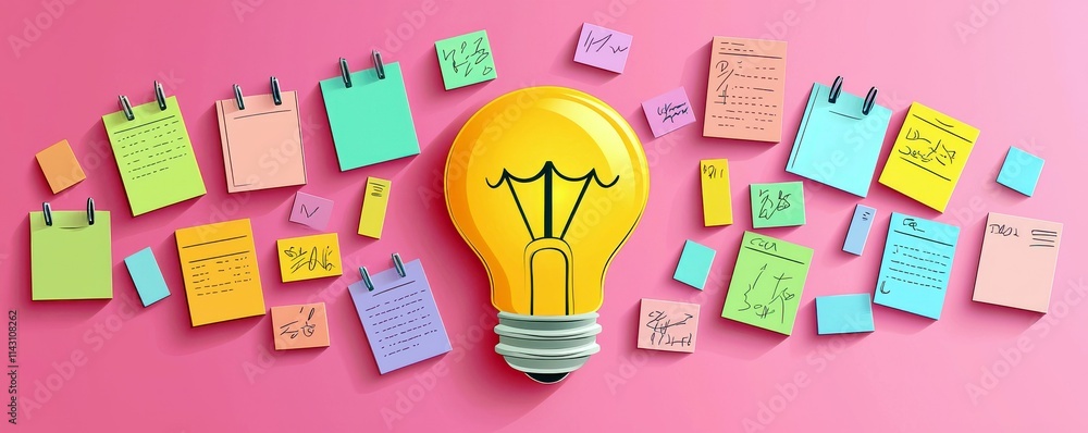 Poster creative workspace setup with colorful sticky notes and bright bulb on pink background for inspirati