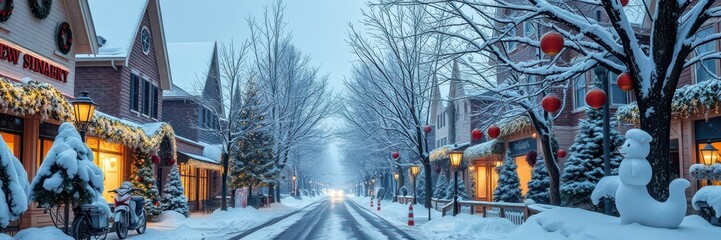 Snow-covered charming winter street scene with twinkling lights, decorated trees, and colorful ornaments, snowy, scene, decorated
