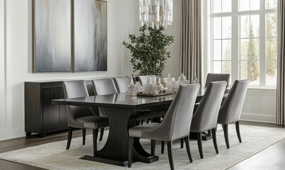 Modern dining table with a black wood top and gray chairs, in an elegant room setting with abstract art on the wall.