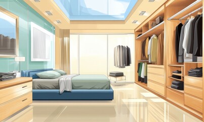 Fototapeta premium Modern luxury bedroom with walk in closet wardrobe, vanity, bathroom, open window.