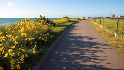 Naklejka premium Seaside cycle path with yellow flowers in S?o Jos? de Ribamar, Brazil, S?o Jos? de Ribamar, Maranh?o, bike ride