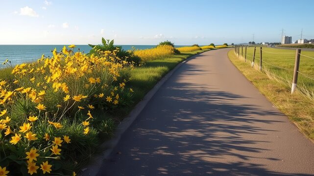 Seaside cycle path with yellow flowers in S?o Jos? de Ribamar, Brazil, S?o Jos? de Ribamar, Maranh?o, bike ride