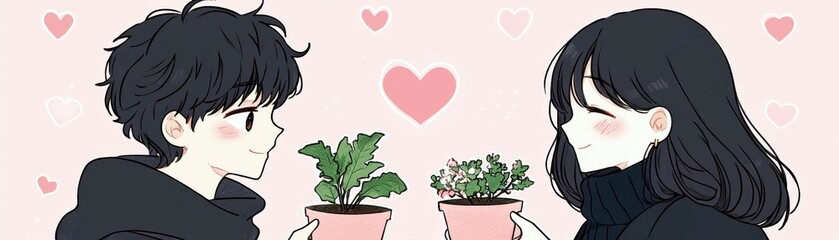 Young couple exchanging potted plants with hearts in the background, symbolizing love and growth in a romantic and nurturing relationship
