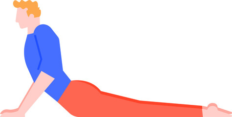 Young man with blond hair wearing a blue t shirt and orange pants practicing upward facing dog yoga pose on a white background, promoting healthy lifestyle and wellness