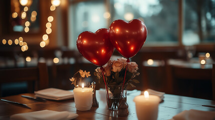 Beautifully decorated table with heart-shaped balloons and romantic ambiance for a special celebration during the evening hours