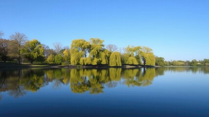 Fototapeta premium Trees reflecting on the calm blue lake surface in a tranquil park setting during summertime, blue, reflection, summertime
