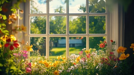 Sunlit window box overflowing with colorful flowers, overlooking a tranquil garden.