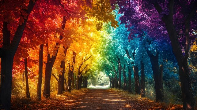 A canopy of trees with multicolored leaves creating a rainbow effect in a forest. - Powered by Adobe