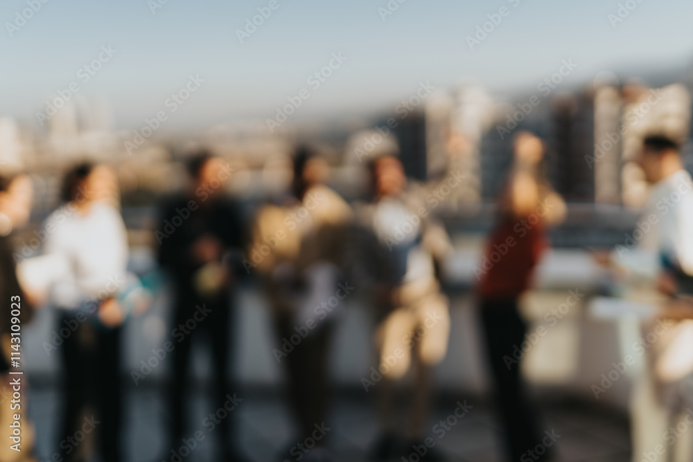 Poster A diverse group of business people enjoying a festive break on a high-rise balcony, surrounded by a cityscape at sunset, with music and dance creating a joyful atmosphere.