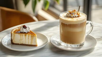 A caramel iced latte served with a slice of cheesecake on a marble cafe table.