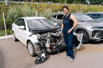 Handsome mechanic assessing damage to white car that has been severely damaged in accident, front...
