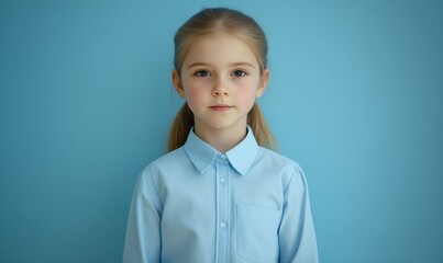 a 6 year old schoolgirl wearing a long sleeve button down blue shirt, She has shoulder-length blonde hair tied back in a neat hight ponytail.