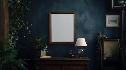 Frame on cabinet in living room interior on dark wall background