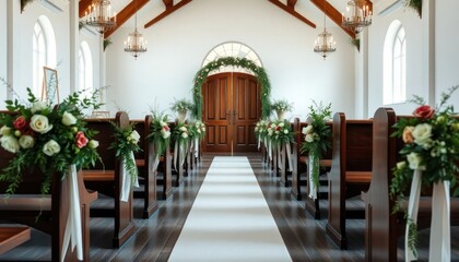 Serene wedding venue with floral decorations. Wooden pews decorated with flowers, green plants. White aisle runner. Elegant, inviting atmosphere. Peaceful, beautiful setting for ceremony. Perfect for
