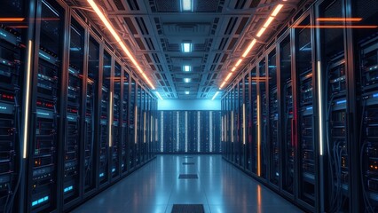 Fototapeta premium Data center server room with rows of equipment and cables, technology, cables, IT