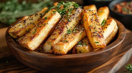 Fries served in a wooden bowl, garnished with herbs and spices for a gourmet touch