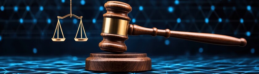judge gavel and scales of justice symbolize law and order in digital world