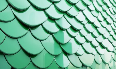 Polished Tiles arranged to create a Futuristic wall. Green Background formed from Fish Scale blocks.