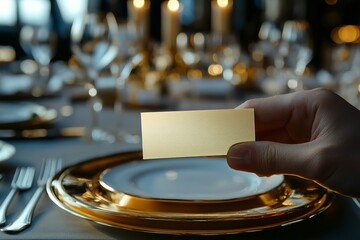 Fototapeta premium Hand Holding VIP Restaurant Reservation Card. Elegant Invite for Premium Dining in a Luxurious Setting, Perfect for Celebrations or Business Events